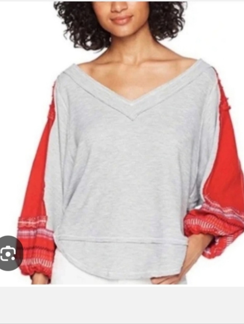 Light Gray V-Neck Blouse  with Red Balloon Sleeves Sz S